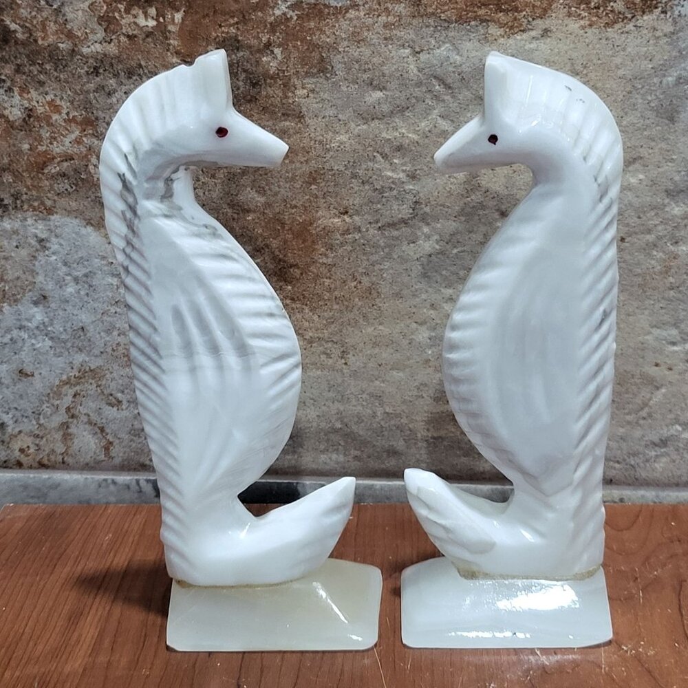 Vintage Pair Carved Stone Marble Seahorse Figurine Bookends Home Decor